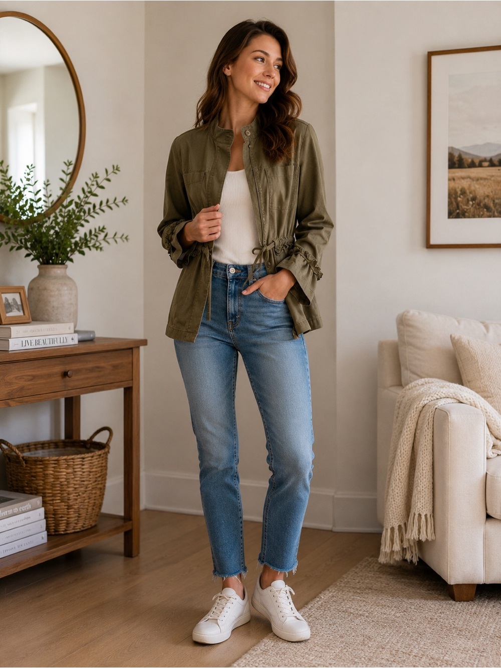 J. Jill Olive Green Utility Jacket Drawstring Waist Tencel Blend XS